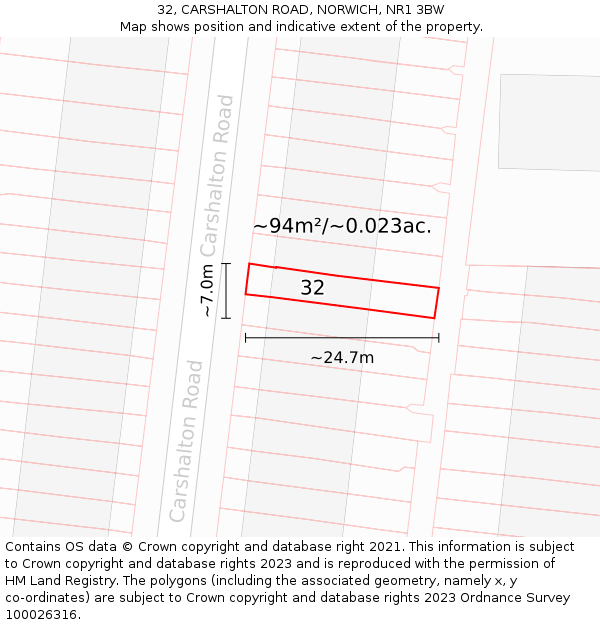 32, CARSHALTON ROAD, NORWICH, NR1 3BW: Plot and title map