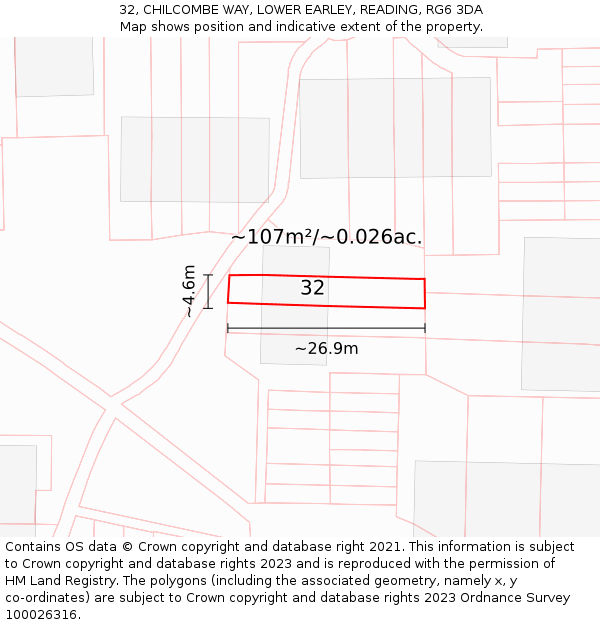 32, CHILCOMBE WAY, LOWER EARLEY, READING, RG6 3DA: Plot and title map