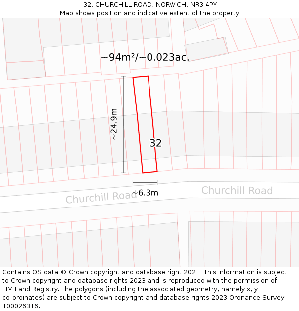 32, CHURCHILL ROAD, NORWICH, NR3 4PY: Plot and title map