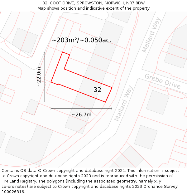 32, COOT DRIVE, SPROWSTON, NORWICH, NR7 8DW: Plot and title map