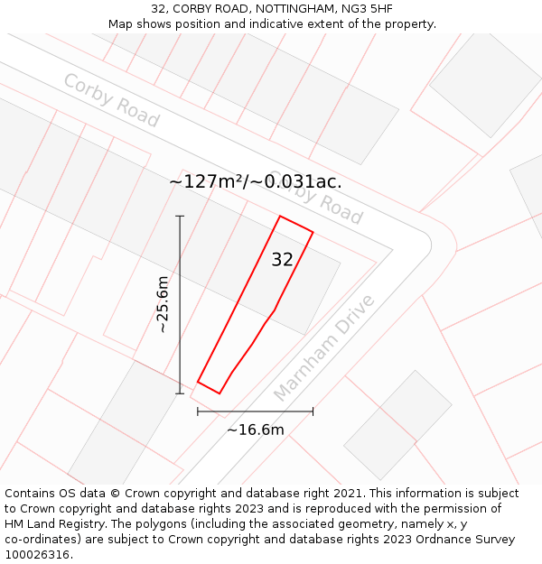 32, CORBY ROAD, NOTTINGHAM, NG3 5HF: Plot and title map