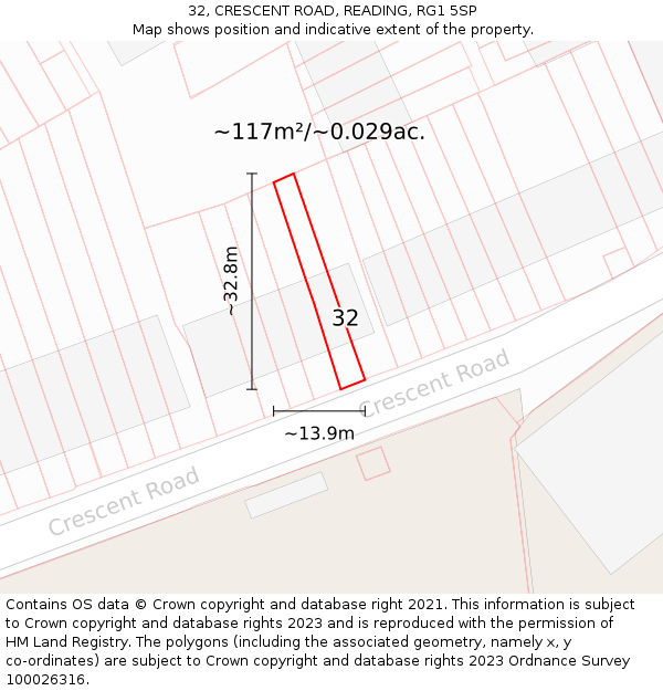 32, CRESCENT ROAD, READING, RG1 5SP: Plot and title map