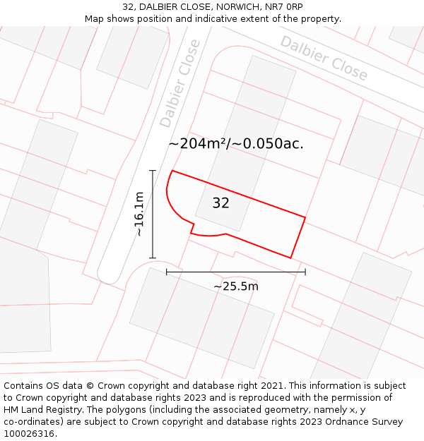 32, DALBIER CLOSE, NORWICH, NR7 0RP: Plot and title map