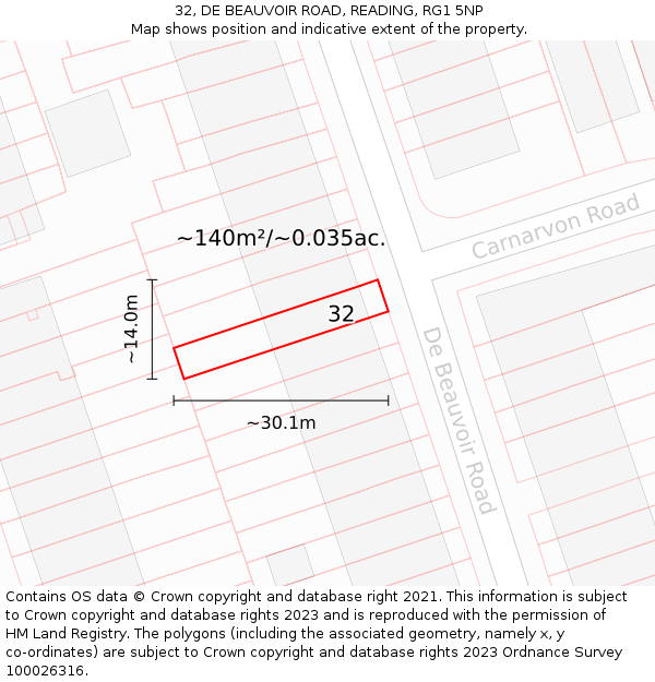 32, DE BEAUVOIR ROAD, READING, RG1 5NP: Plot and title map