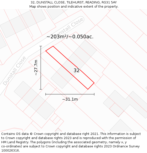 32, DUNSTALL CLOSE, TILEHURST, READING, RG31 5AY: Plot and title map