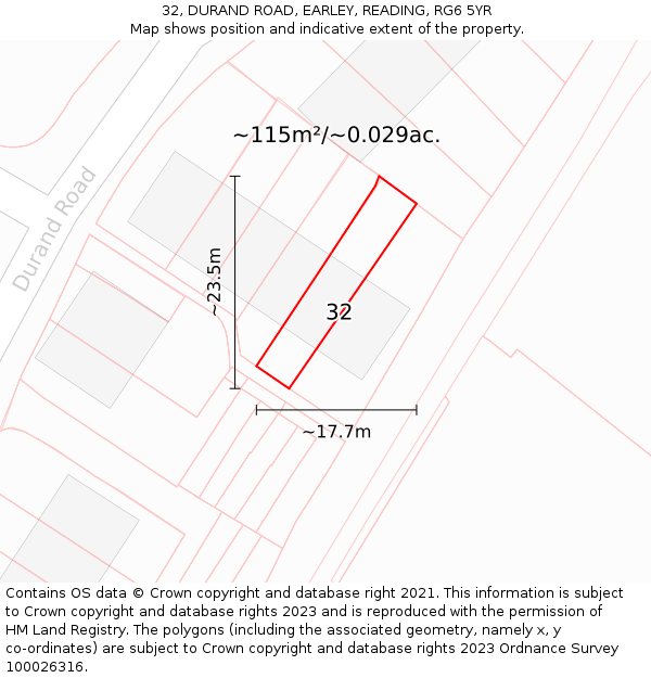 32, DURAND ROAD, EARLEY, READING, RG6 5YR: Plot and title map