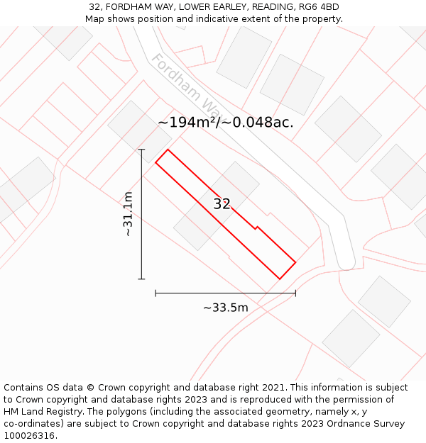 32, FORDHAM WAY, LOWER EARLEY, READING, RG6 4BD: Plot and title map