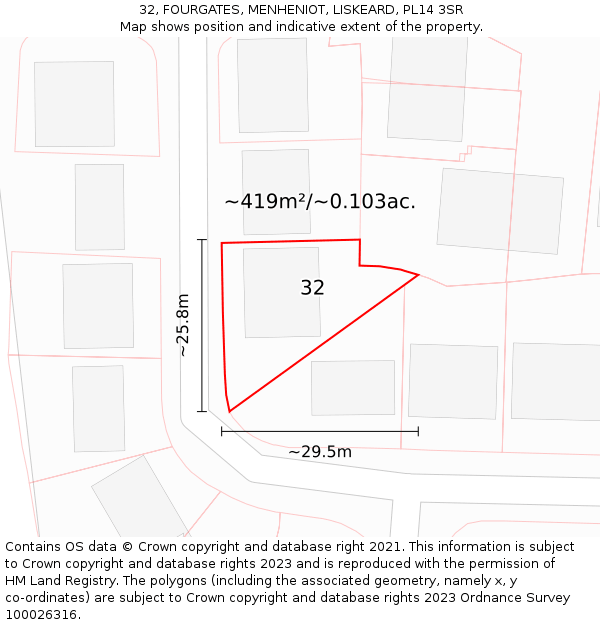 32, FOURGATES, MENHENIOT, LISKEARD, PL14 3SR: Plot and title map