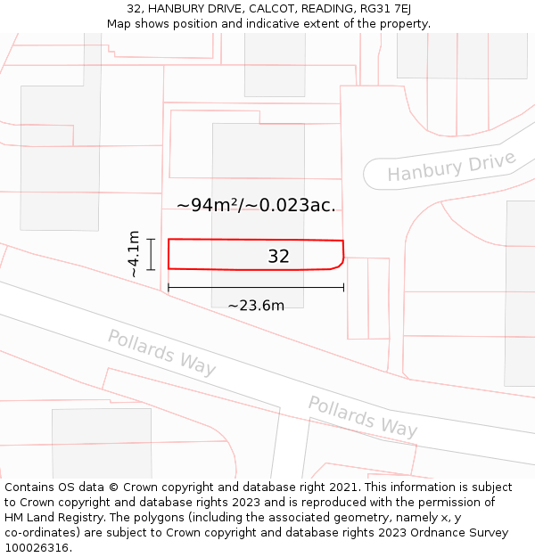 32, HANBURY DRIVE, CALCOT, READING, RG31 7EJ: Plot and title map