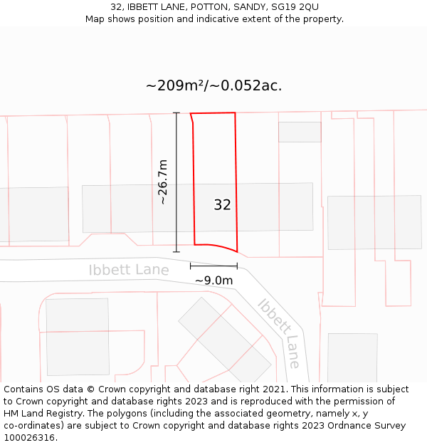 32, IBBETT LANE, POTTON, SANDY, SG19 2QU: Plot and title map