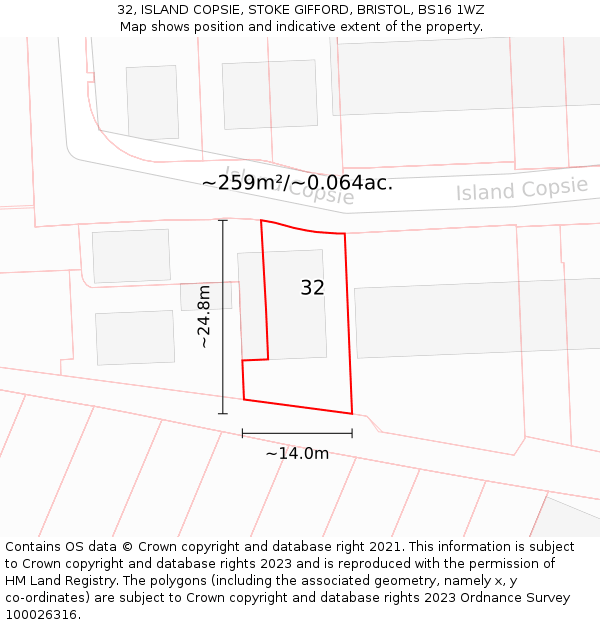 32, ISLAND COPSIE, STOKE GIFFORD, BRISTOL, BS16 1WZ: Plot and title map