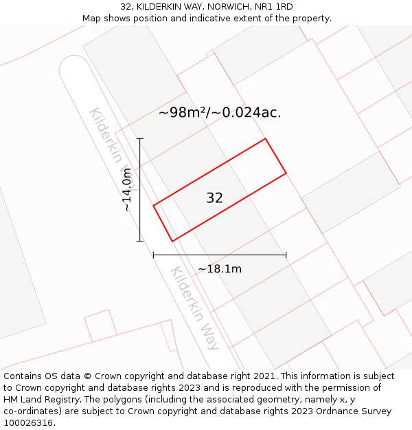 32, KILDERKIN WAY, NORWICH, NR1 1RD: Plot and title map
