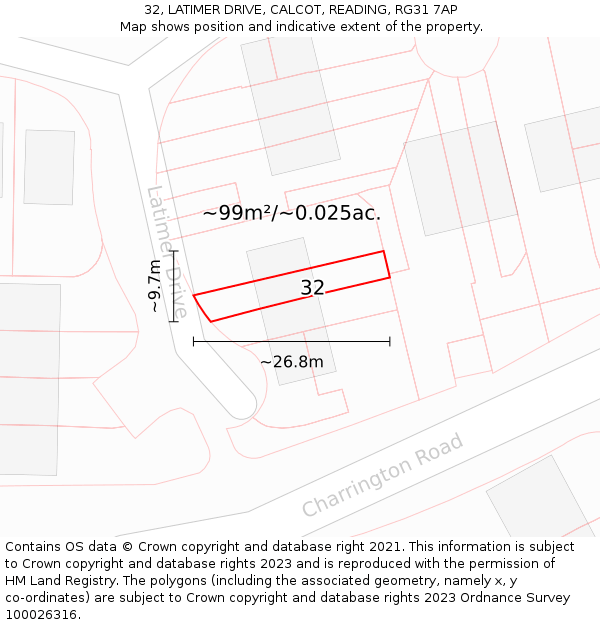 32, LATIMER DRIVE, CALCOT, READING, RG31 7AP: Plot and title map