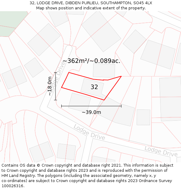 32, LODGE DRIVE, DIBDEN PURLIEU, SOUTHAMPTON, SO45 4LX: Plot and title map