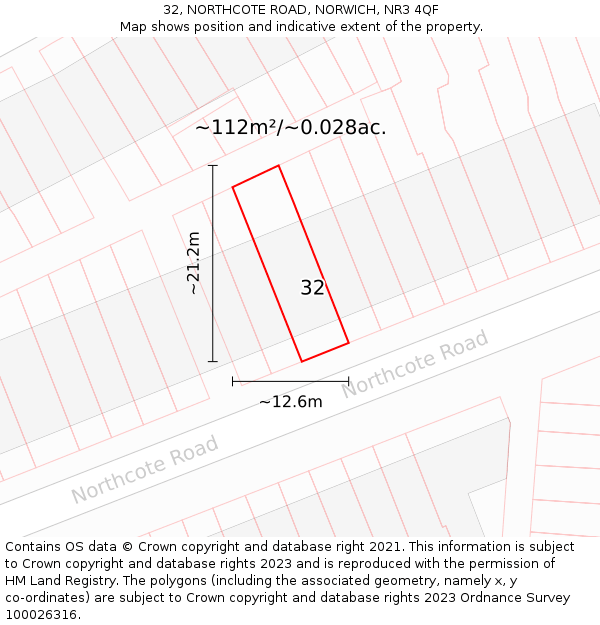 32, NORTHCOTE ROAD, NORWICH, NR3 4QF: Plot and title map