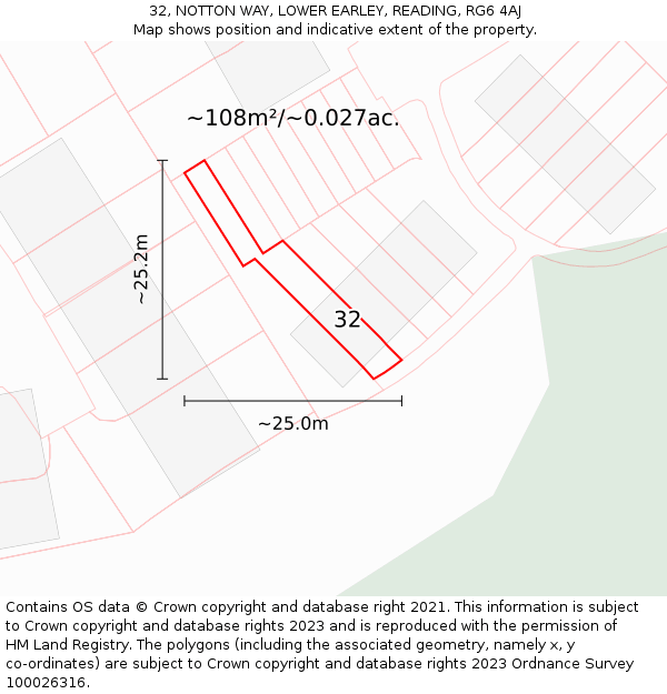 32, NOTTON WAY, LOWER EARLEY, READING, RG6 4AJ: Plot and title map