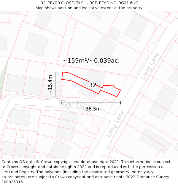 32, PRYOR CLOSE, TILEHURST, READING, RG31 6UG: Plot and title map