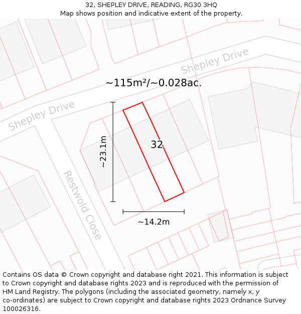 32, SHEPLEY DRIVE, READING, RG30 3HQ: Plot and title map