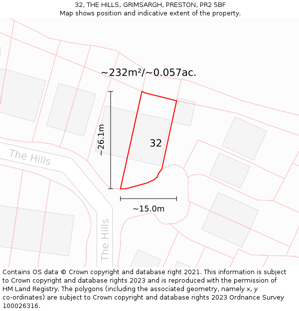 32, THE HILLS, GRIMSARGH, PRESTON, PR2 5BF: Plot and title map