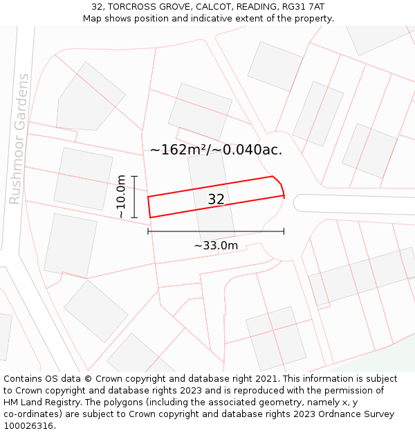 32, TORCROSS GROVE, CALCOT, READING, RG31 7AT: Plot and title map
