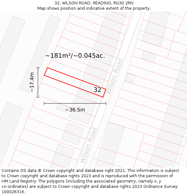 32, WILSON ROAD, READING, RG30 2RN: Plot and title map