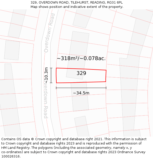 329, OVERDOWN ROAD, TILEHURST, READING, RG31 6PL: Plot and title map