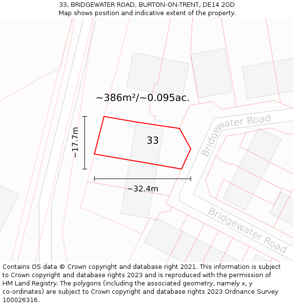 33, BRIDGEWATER ROAD, BURTON-ON-TRENT, DE14 2GD: Plot and title map