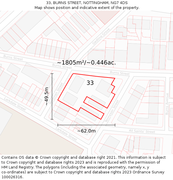 33, BURNS STREET, NOTTINGHAM, NG7 4DS: Plot and title map