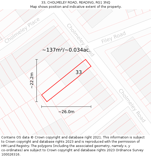 33, CHOLMELEY ROAD, READING, RG1 3NQ: Plot and title map