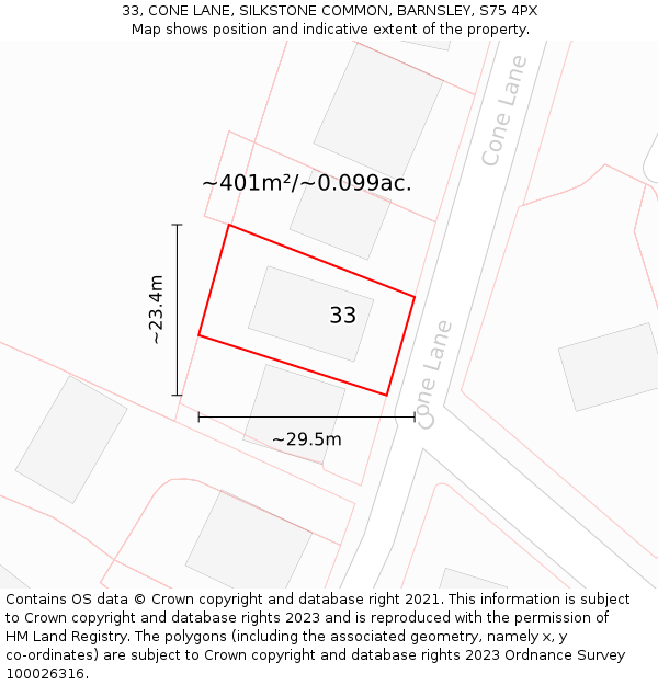 33, CONE LANE, SILKSTONE COMMON, BARNSLEY, S75 4PX: Plot and title map