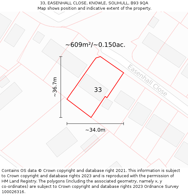 33, EASENHALL CLOSE, KNOWLE, SOLIHULL, B93 9QA: Plot and title map