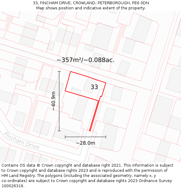 33, FINCHAM DRIVE, CROWLAND, PETERBOROUGH, PE6 0DN: Plot and title map