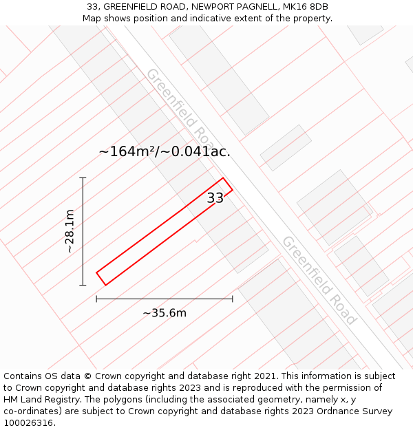 33, GREENFIELD ROAD, NEWPORT PAGNELL, MK16 8DB: Plot and title map