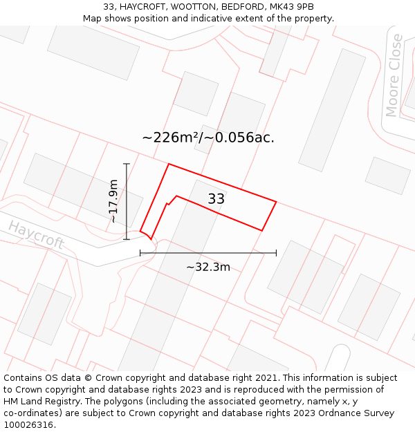 33, HAYCROFT, WOOTTON, BEDFORD, MK43 9PB: Plot and title map