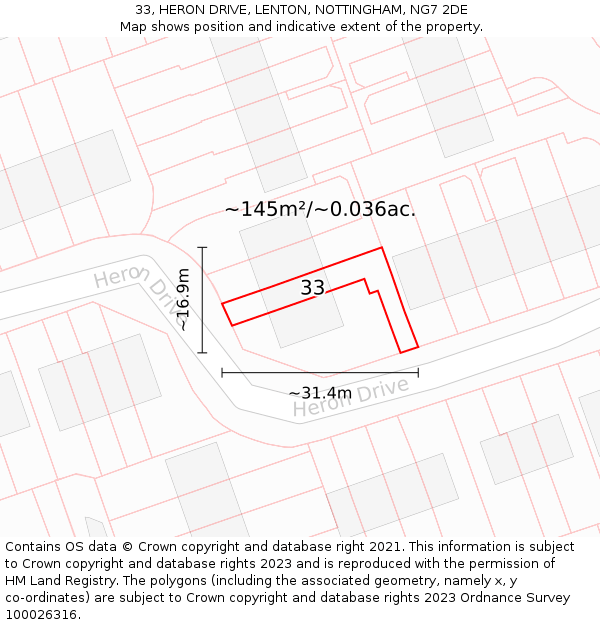 33, HERON DRIVE, LENTON, NOTTINGHAM, NG7 2DE: Plot and title map