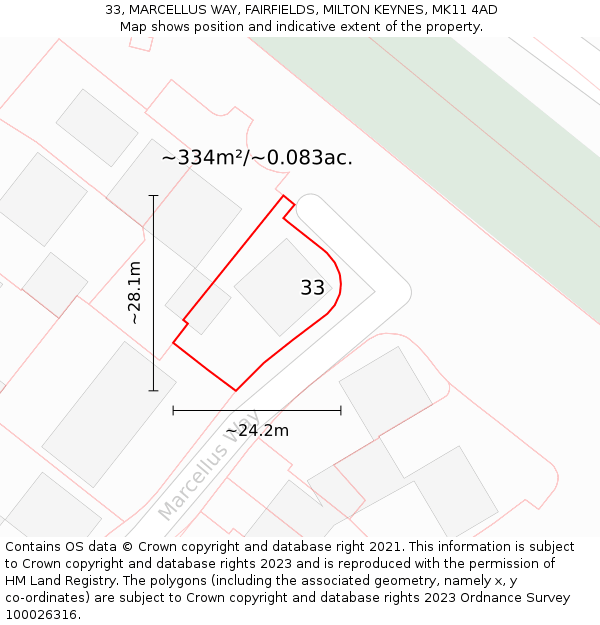 33, MARCELLUS WAY, FAIRFIELDS, MILTON KEYNES, MK11 4AD: Plot and title map