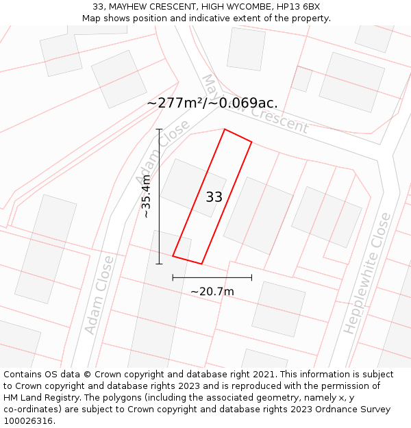 33, MAYHEW CRESCENT, HIGH WYCOMBE, HP13 6BX: Plot and title map