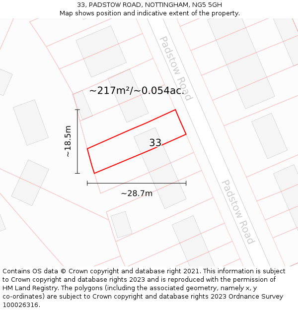 33, PADSTOW ROAD, NOTTINGHAM, NG5 5GH: Plot and title map