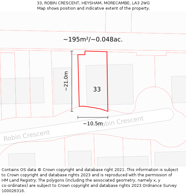 33, ROBIN CRESCENT, HEYSHAM, MORECAMBE, LA3 2WG: Plot and title map