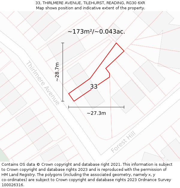 33, THIRLMERE AVENUE, TILEHURST, READING, RG30 6XR: Plot and title map
