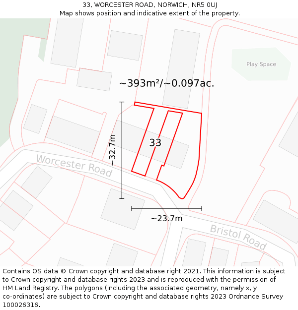33, WORCESTER ROAD, NORWICH, NR5 0UJ: Plot and title map