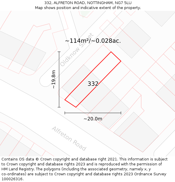 332, ALFRETON ROAD, NOTTINGHAM, NG7 5LU: Plot and title map