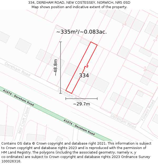 334, DEREHAM ROAD, NEW COSTESSEY, NORWICH, NR5 0SD: Plot and title map