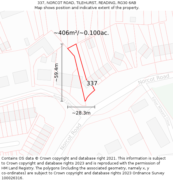337, NORCOT ROAD, TILEHURST, READING, RG30 6AB: Plot and title map
