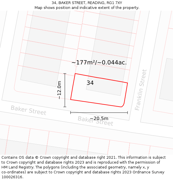 34, BAKER STREET, READING, RG1 7XY: Plot and title map
