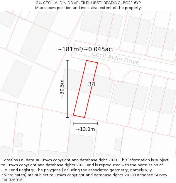 34, CECIL ALDIN DRIVE, TILEHURST, READING, RG31 6YP: Plot and title map
