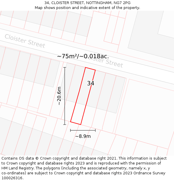 34, CLOISTER STREET, NOTTINGHAM, NG7 2PG: Plot and title map