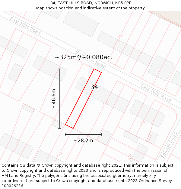 34, EAST HILLS ROAD, NORWICH, NR5 0PE: Plot and title map