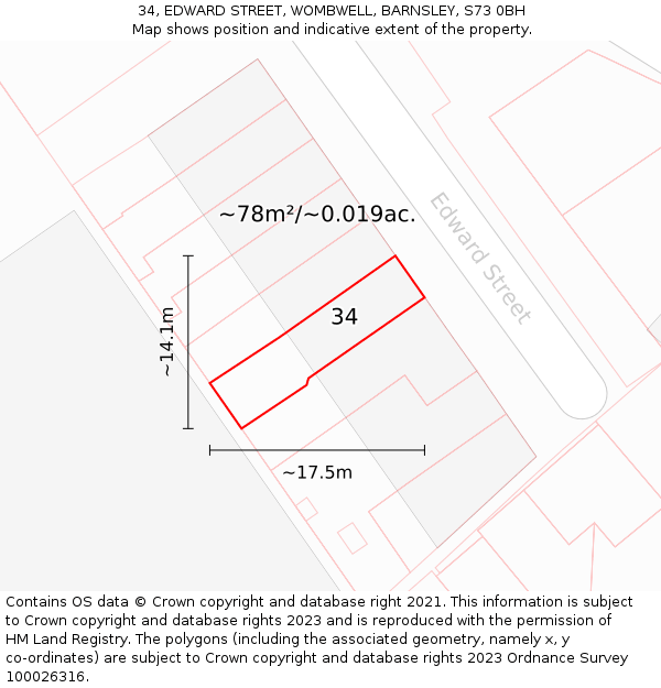 34, EDWARD STREET, WOMBWELL, BARNSLEY, S73 0BH: Plot and title map