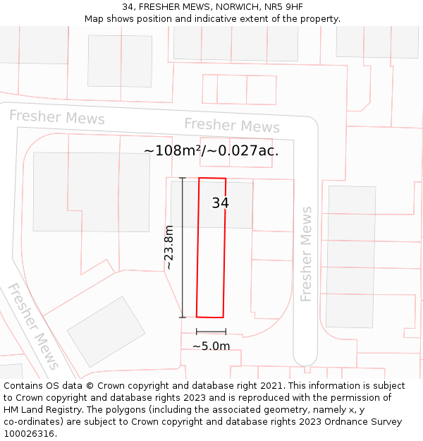 34, FRESHER MEWS, NORWICH, NR5 9HF: Plot and title map